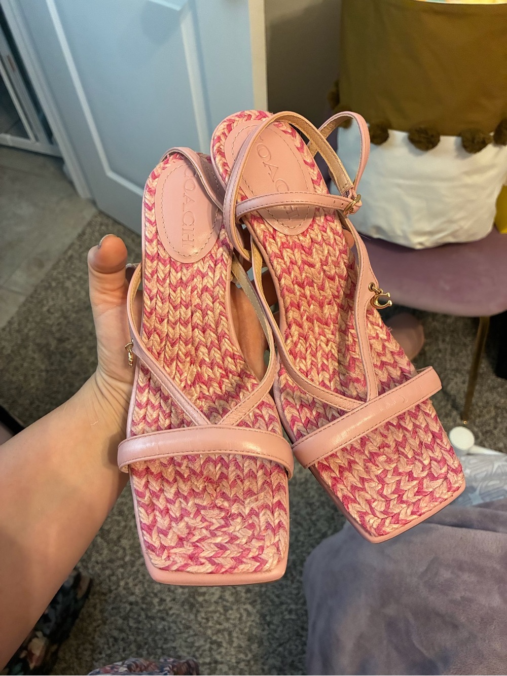 Coach Pink Braided Strap Sandals with Slim Ankle Straps